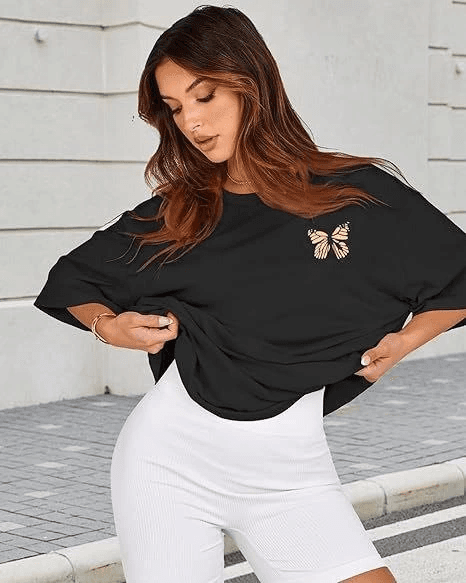 Kadın Baskılı T-Shirt Kısa Kol Bisiklet Yaka Oversize Rahat Kalıp Tişört - Siyah — görsel 1 / 6