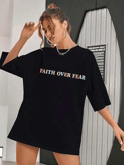 Kadın Baskılı T-Shirt Kısa Kol Bisiklet Yaka Oversize Rahat Kalıp Tişört - Siyah — görsel 1 / 5