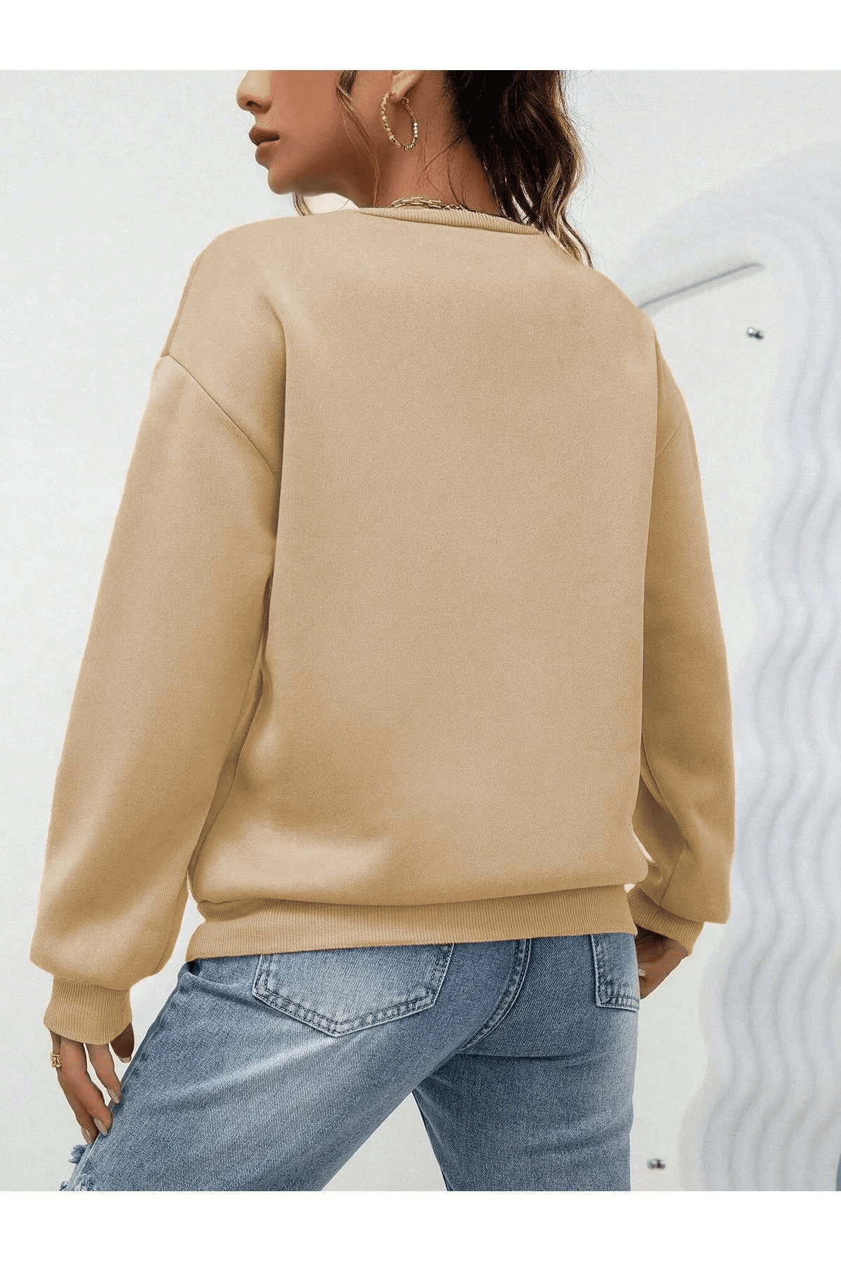 Kadın Düz Bisiklet Yaka 3 İplik Sweatshirt - Bej