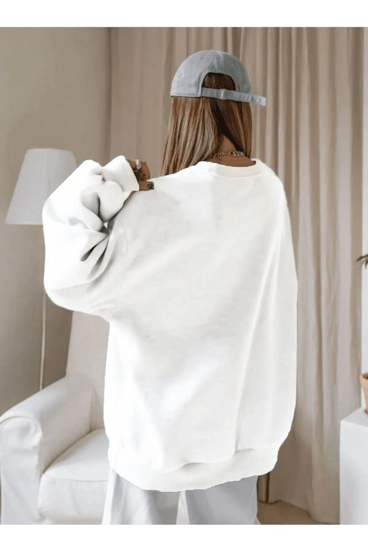 Kadın Düz Bisiklet Yaka 3 İplik Sweatshirt - Beyaz