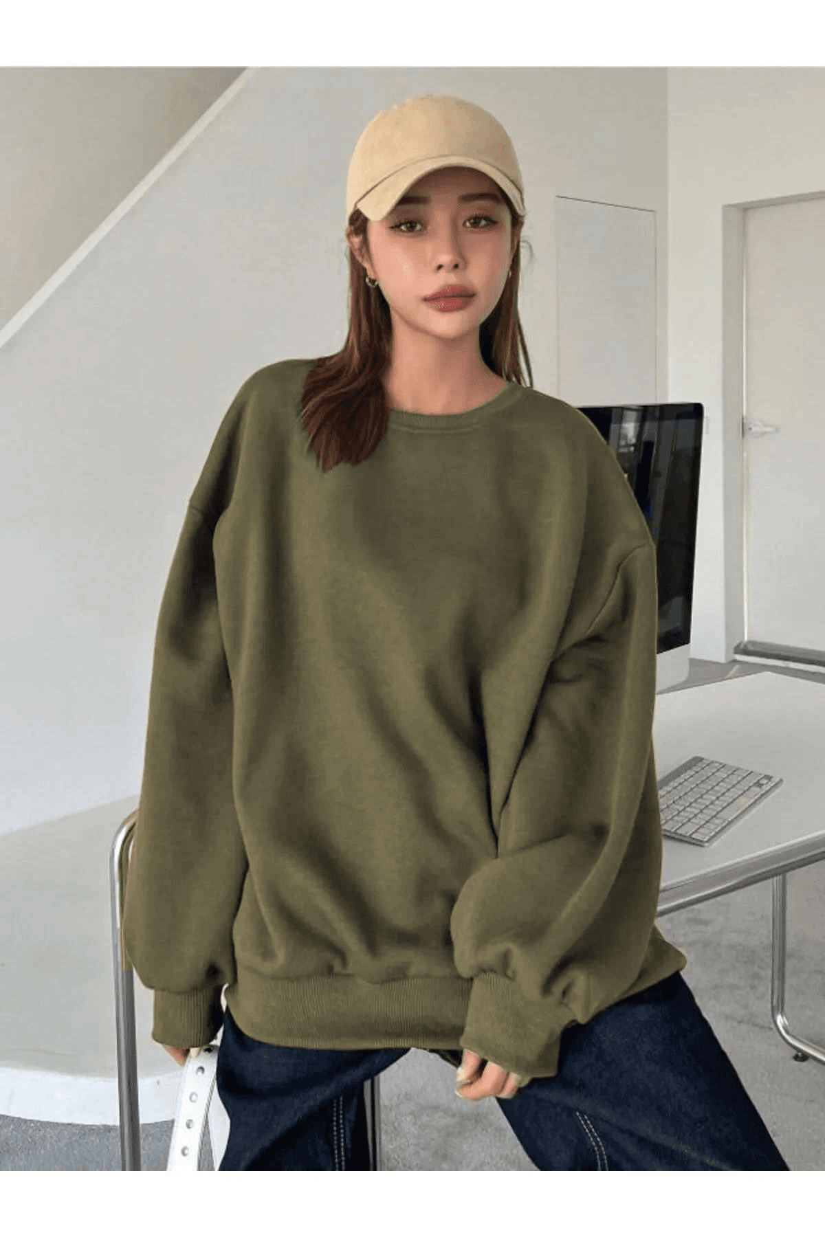 Kadın Düz Bisiklet Yaka 3 iplik Sweatshirt - Yeşil — görsel 1 / 2