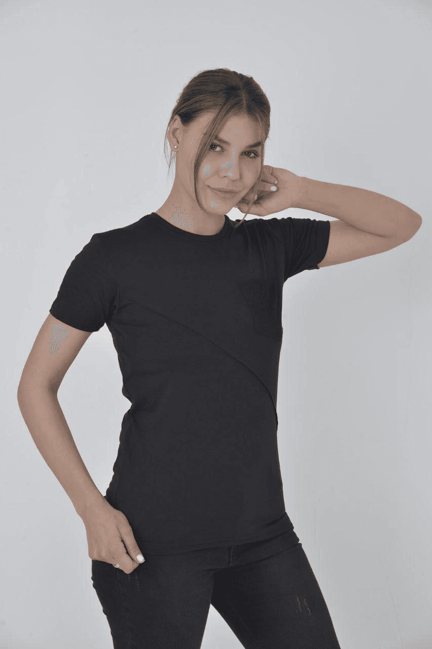 Kadın File Cepli T-Shirt Kısa Kol Bisiklet Yaka Slimfit Tişört - Siyah