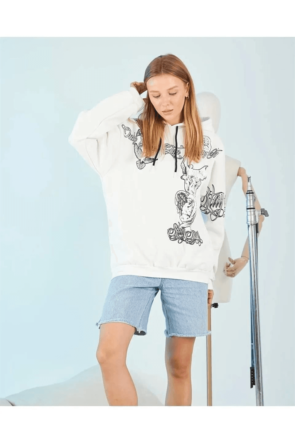 Kadın Oversize Kapüşonlu Baskılı 3 İplik Pamuklu Hoodie Sweatshirt - Beyaz