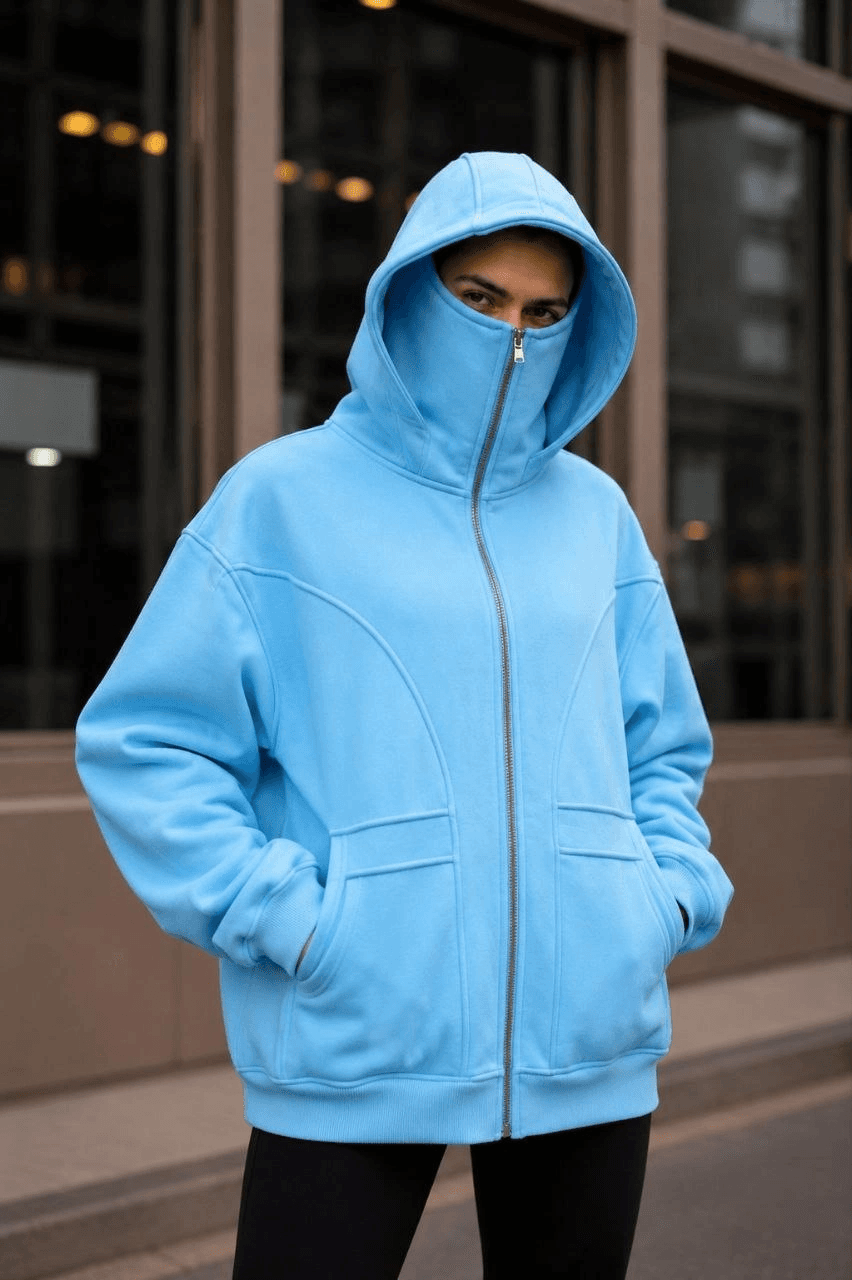 Kadın Maskeli Ninja Model Çift Kapüşonlu 3 İplik Şardonlu Fermuarlı Oversize Sweatshirt - Bebek Mavisi — görsel 1 / 3