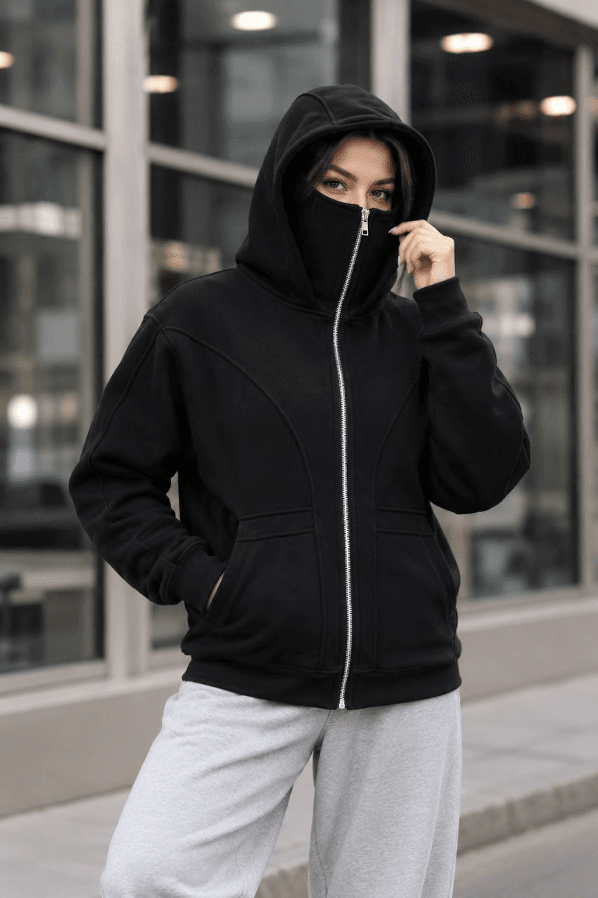 Kadın Maskeli Ninja Model Çift Kapüşonlu 3 İplik Şardonlu Fermuarlı Oversize Sweatshirt - Siyah — görsel 1 / 4