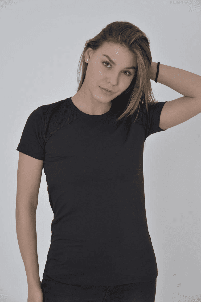 Kadın Omuz Fileli T-Shirt Kısa Kol Bisiklet Yaka Slimfit Tişört - Siyah