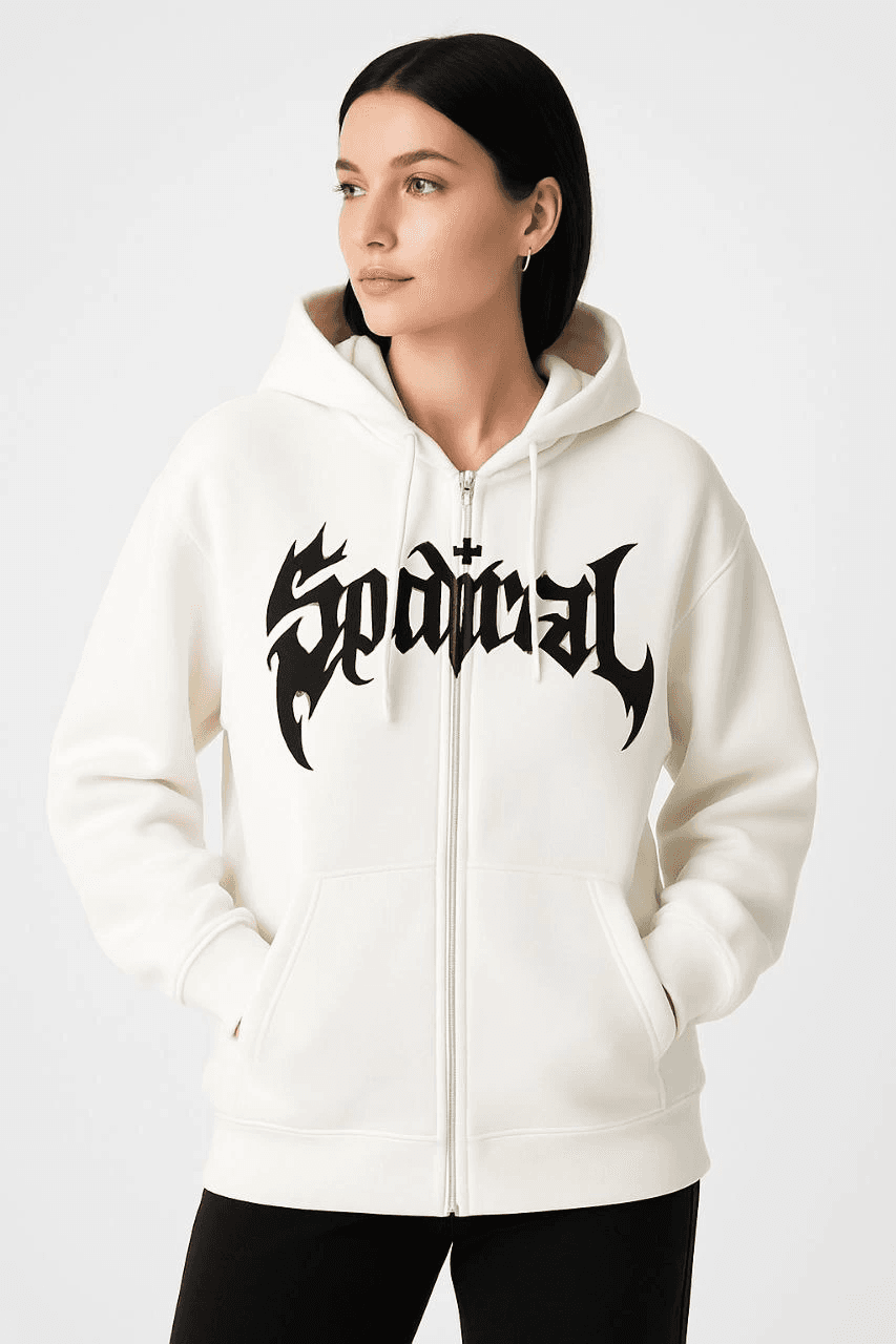 Kadın Kapüşonlu 3 İplik Pamuklu Önü Baskılı Fermuarlı Oversize Hoodie Sweatshirt - Beyaz