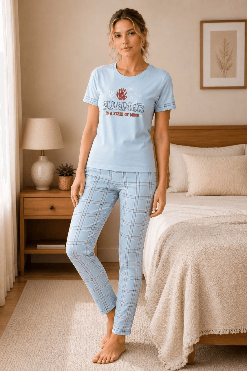 Kadın Pamuklu Penye Baskılı Kısa Kollu Bisiklet Yaka Ekose Desenli Pijama Takımı - Mavi