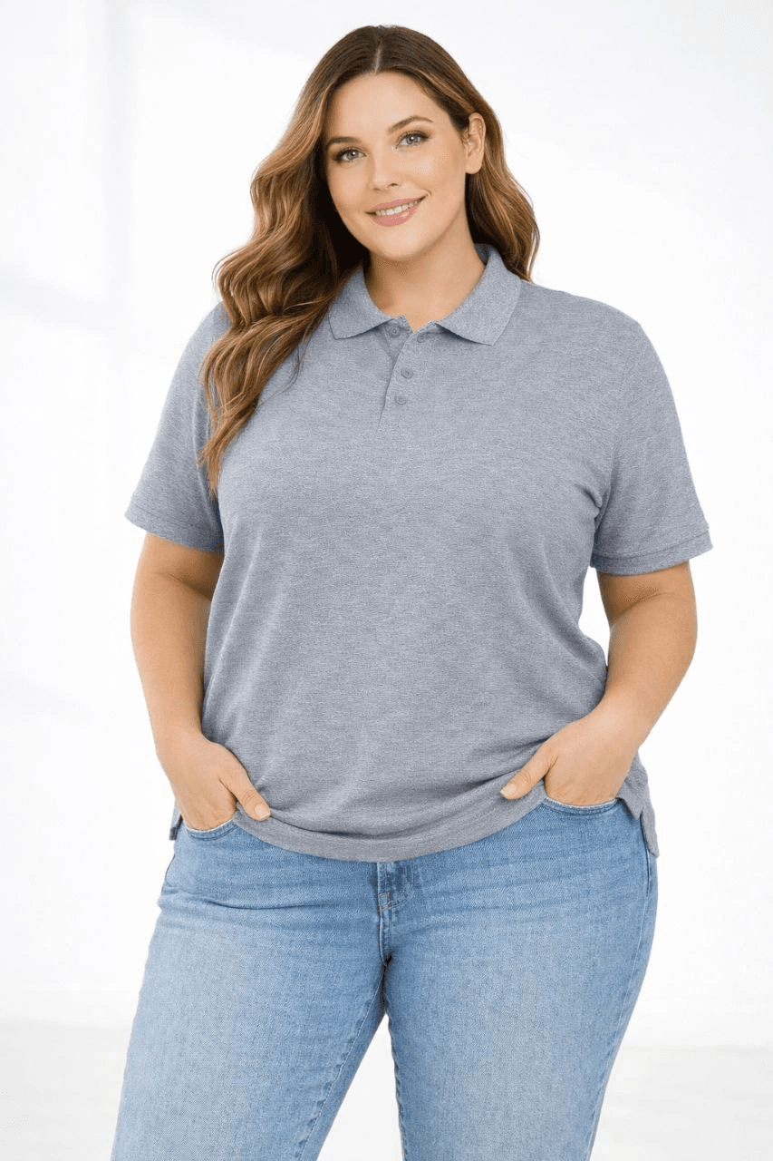 Kadın Battal Beden Tişört Polo Yaka Pike Kumaş Kısa Kol T-Shirt - Gri — görsel 1 / 4