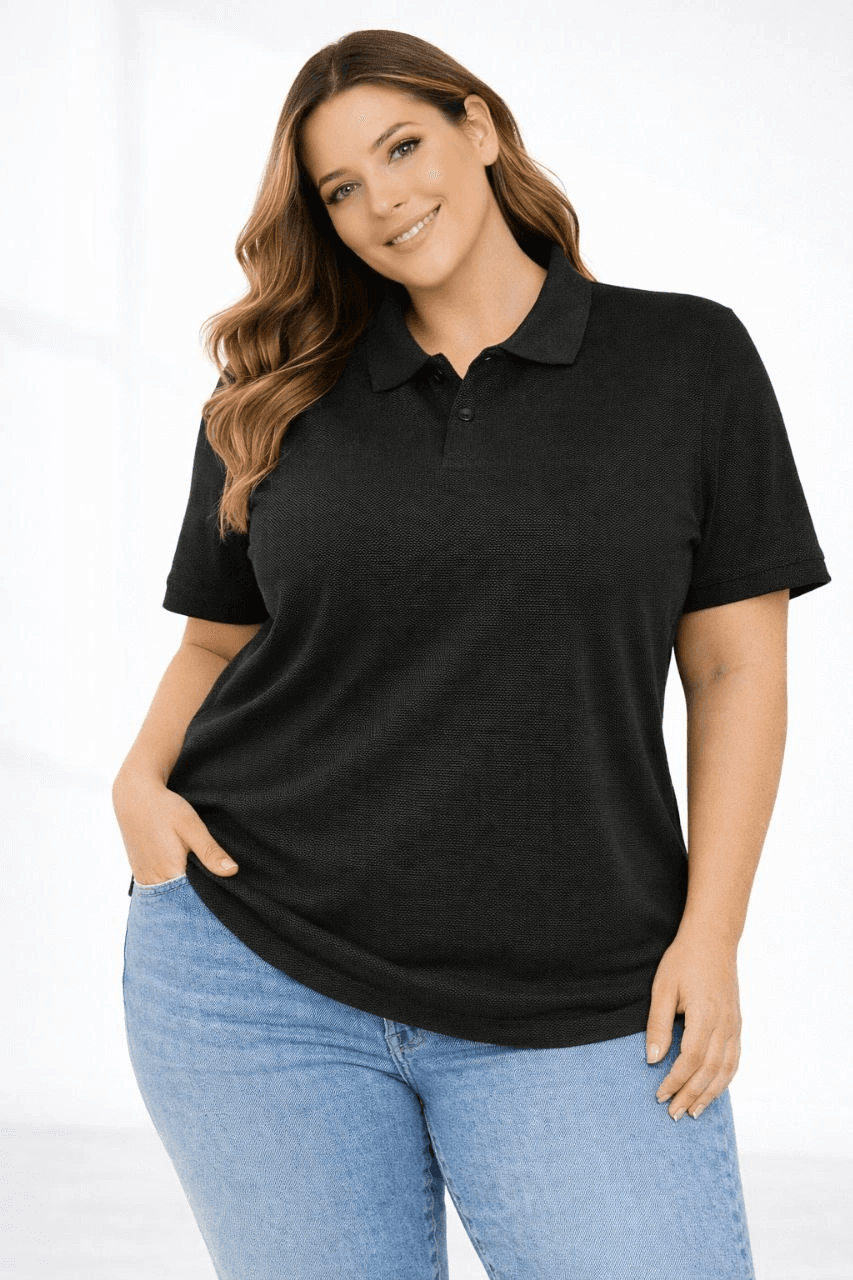 Kadın Battal Beden Tişört Polo Yaka Pike Kumaş Kısa Kol T-Shirt - Siyah