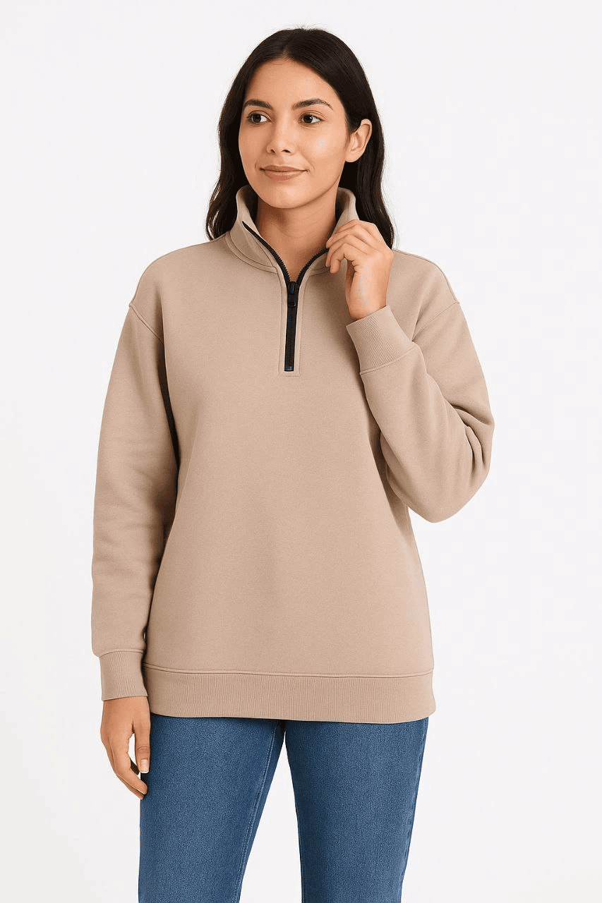 Kadın 3 İplik Dık Yaka Yarım Fermuarlı SweatShirt - Bej
