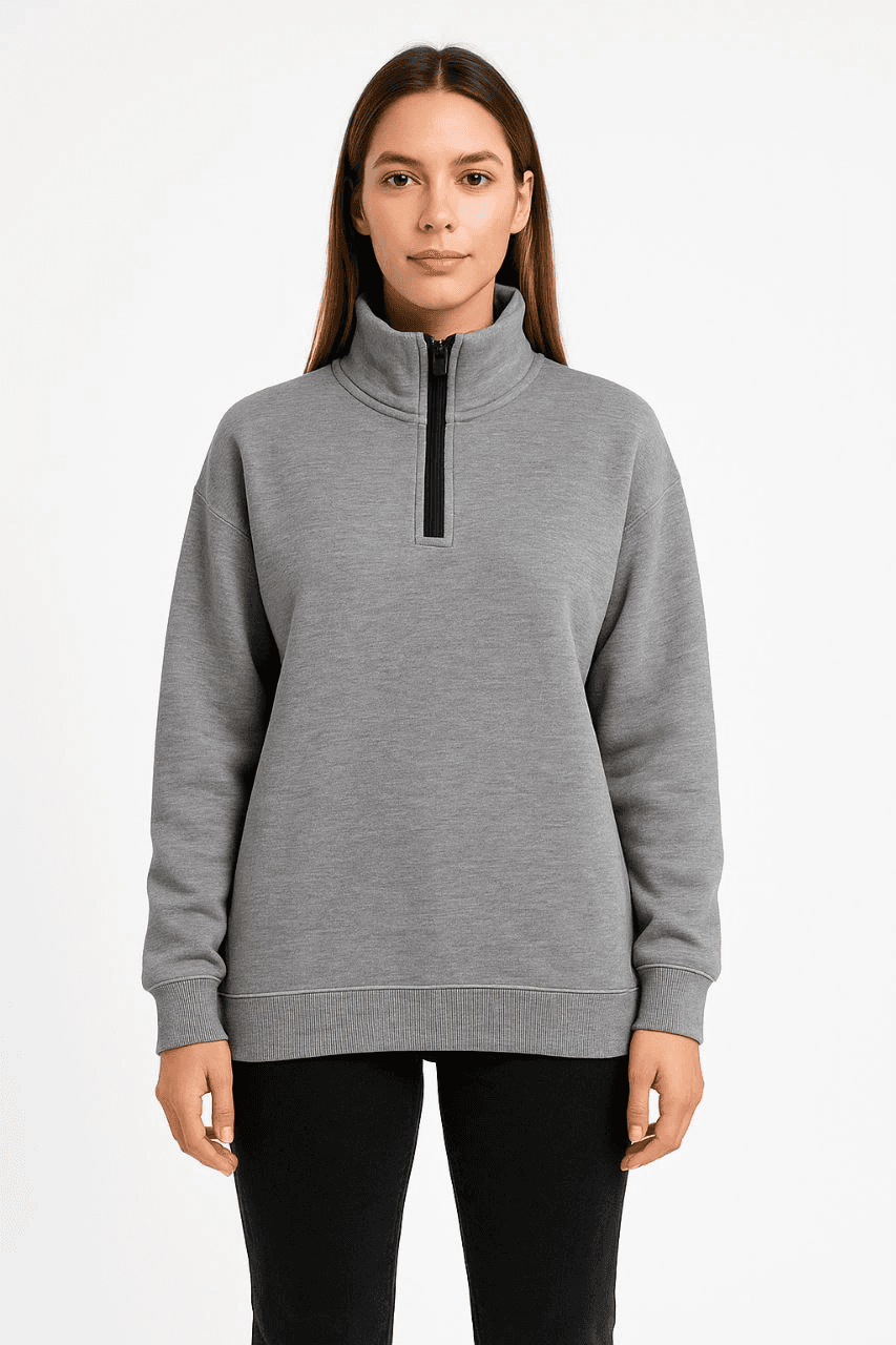 Kadın 3 İplik Pamuklu Dık Yaka Yarım Fermuarlı SweatShirt - Gri