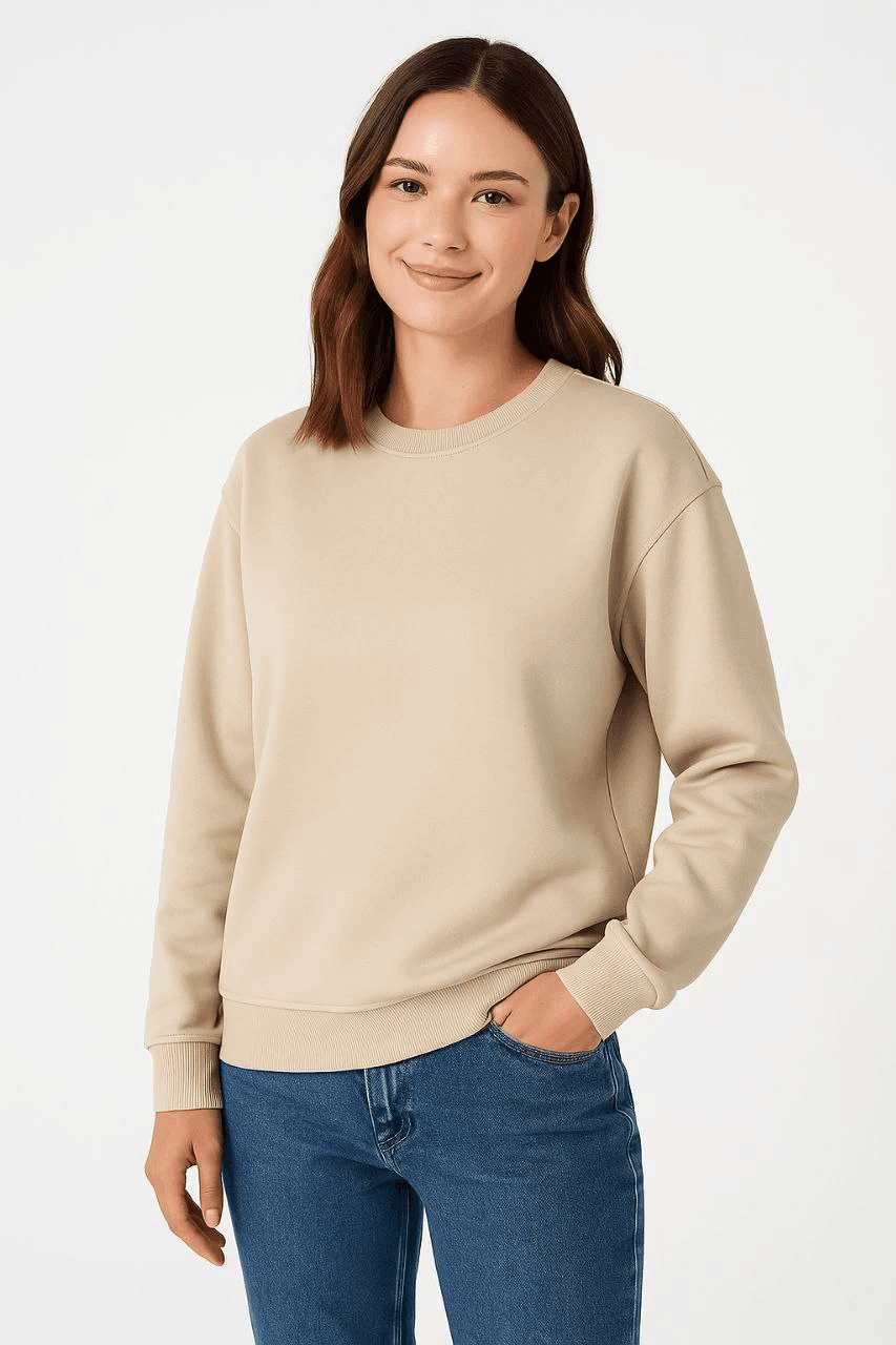 Kadın 3 İplik Pamuklu Düz Bisiklet Yaka SweatShirt - Bej