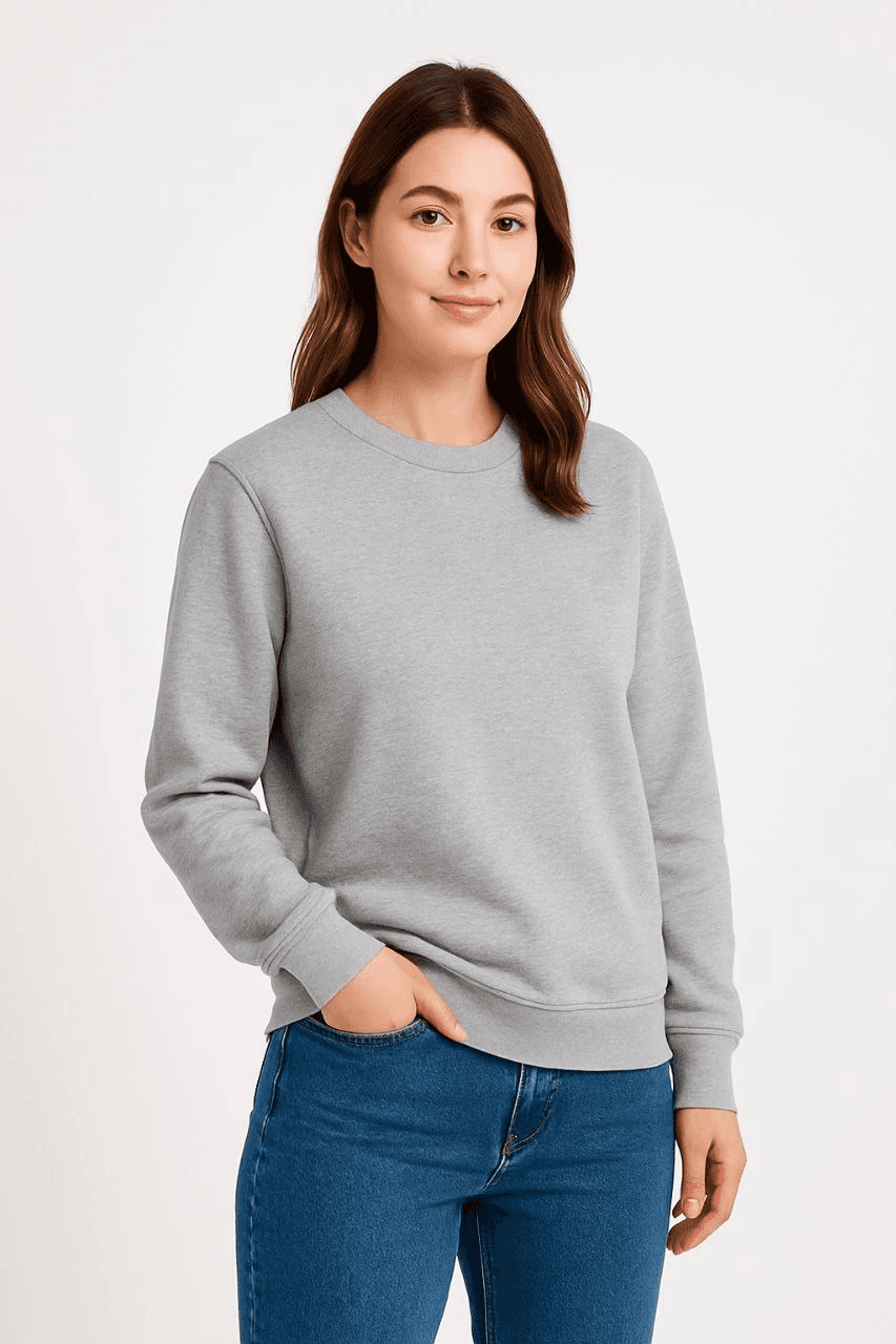 Kadın 3 İplik Pamuklu Düz Bisiklet Yaka SweatShirt - Gri