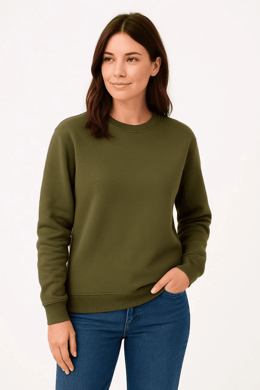 Kadın 3 İplik Pamuklu Düz Bisiklet Yaka SweatShirt - Haki — görsel 1 / 3