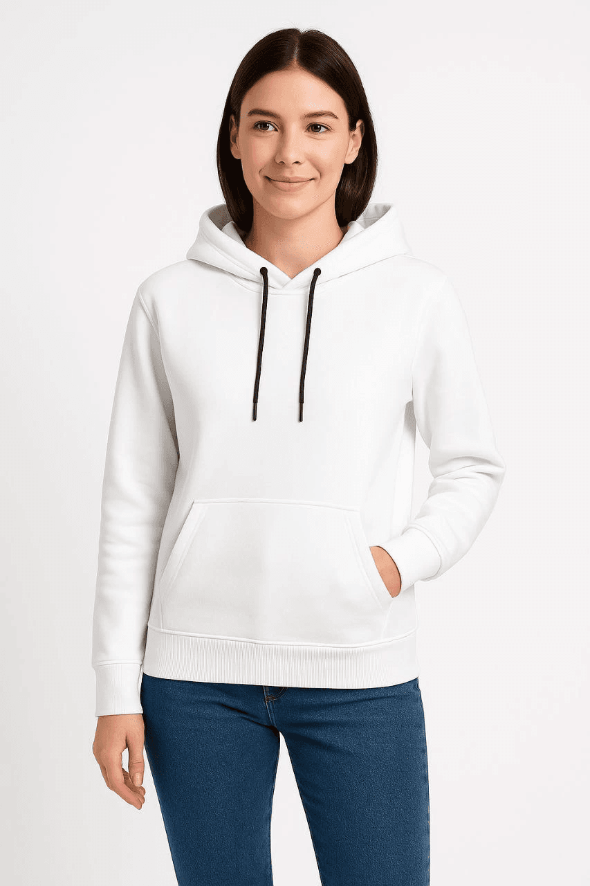 Kadın Kapüşonlu Kanguru Cepli 3 İplik Pamuklu Oversize Hoodie Sweatshirt - Beyaz