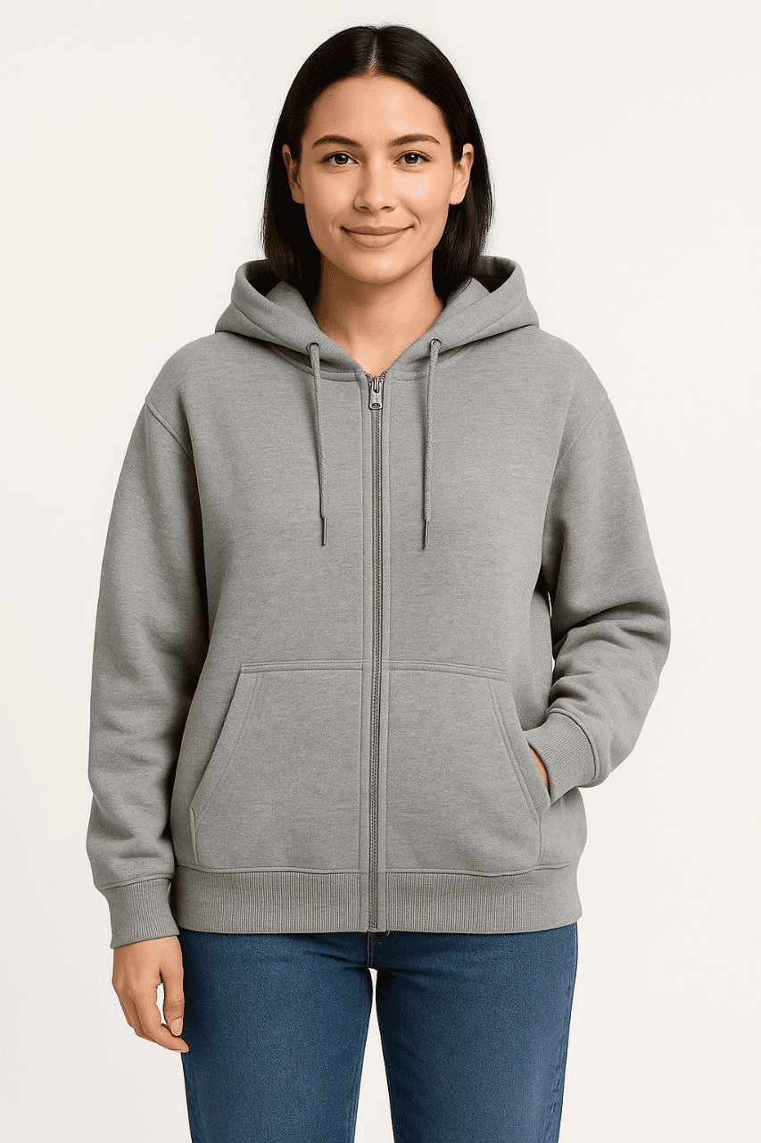Kadın 3 İplik Pamuklu Kapüşonlu Tam Fermuarlı Kanguru Cepli Sweatshirt Hoodie - Gri
