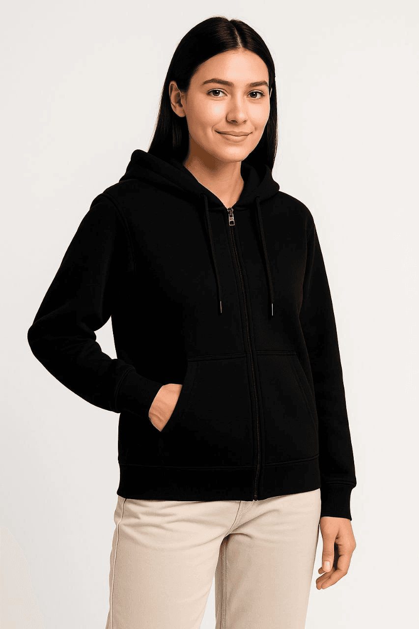 Kadın 3 İplik Kapüşonlu Tam Fermuarlı Kanguru Cepli Sweatshirt Hoodie - Siyah