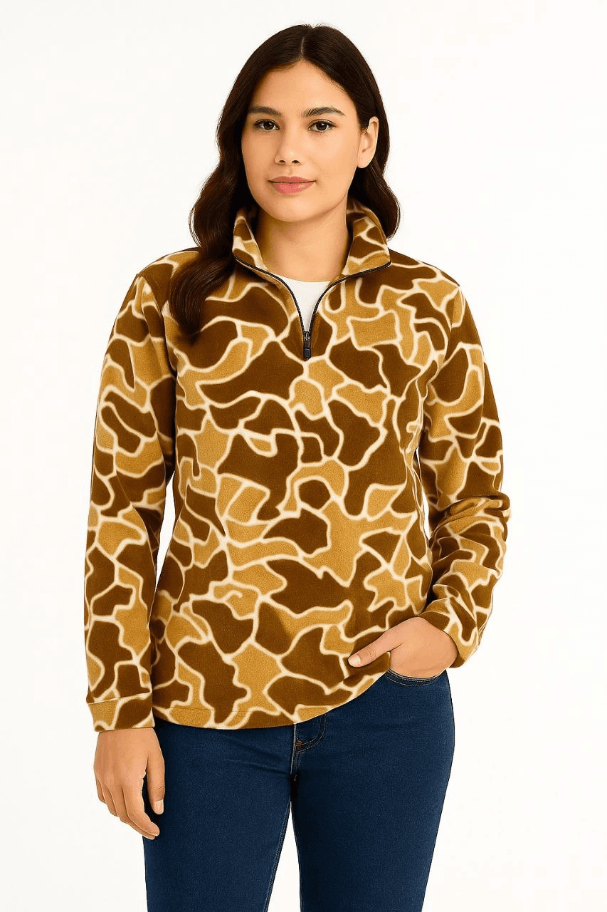 Kadın Yarım Fermuarlı Desenli Polar Sweatshirt Oversize Rahat Kalıp - Kahverengi