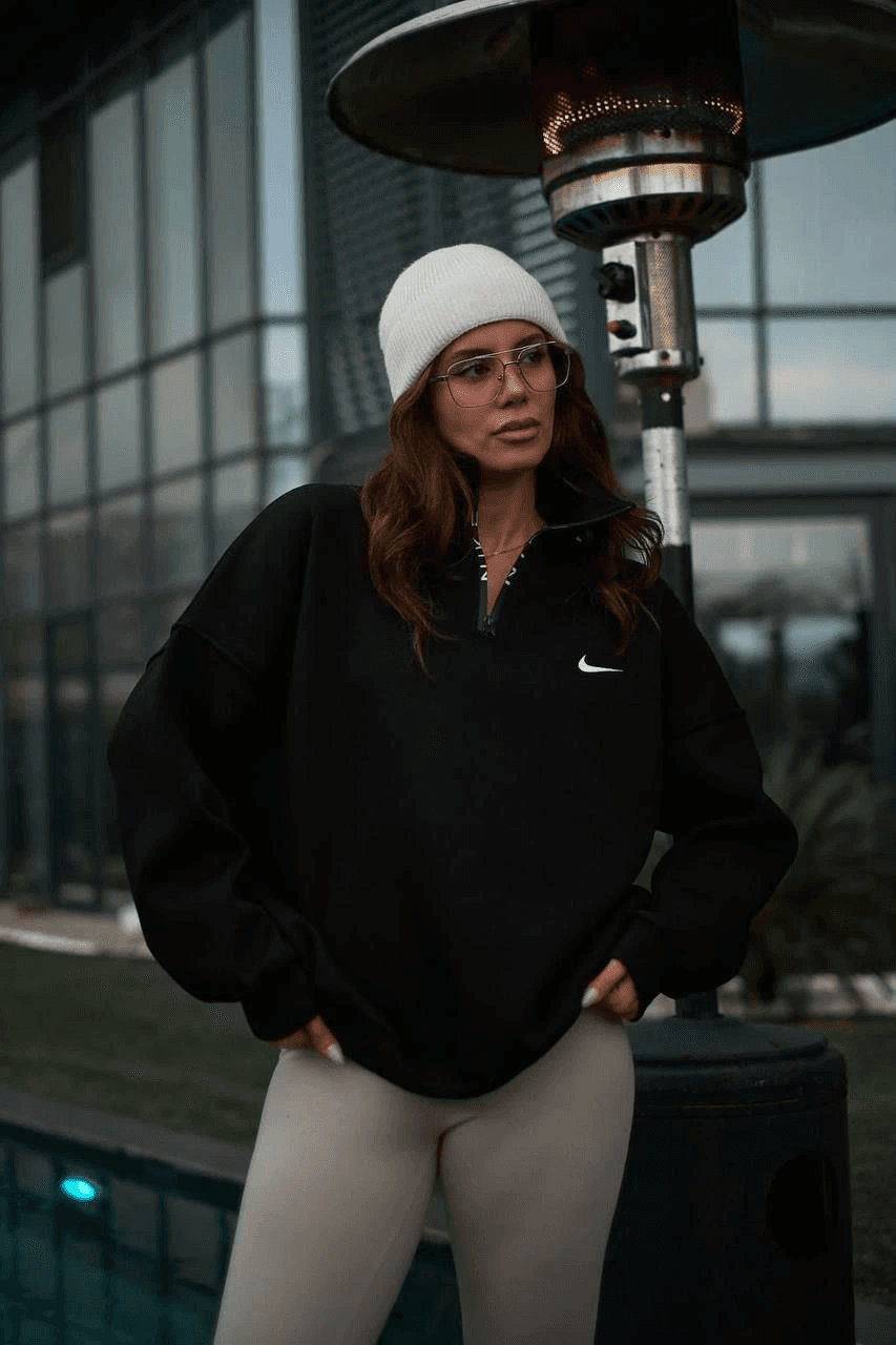 Kadın Yarım Fermuarlı Üç iplik Şardonlu Pamuklu Sweatshirt - Siyah