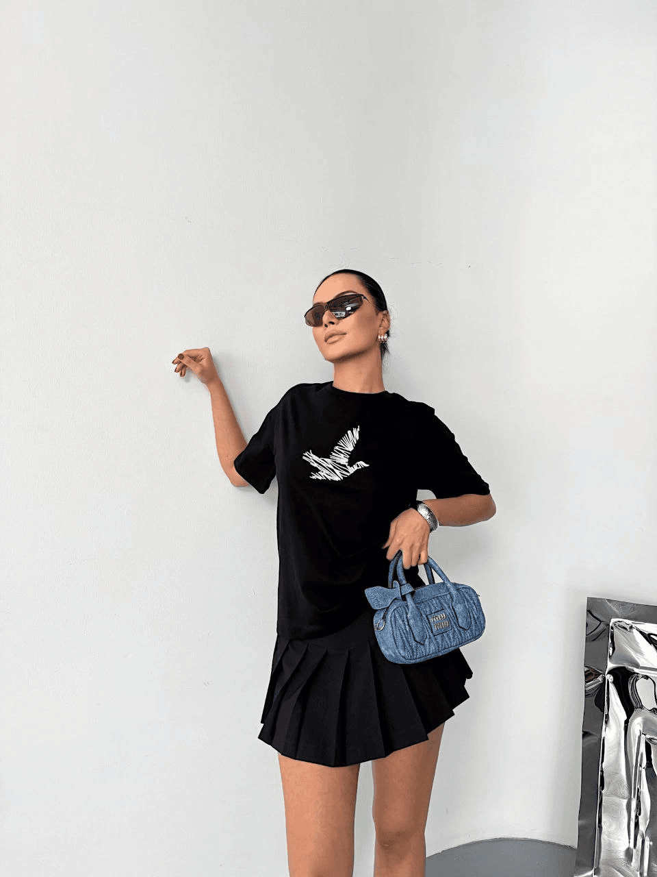 Kadın Kısa Kol Yazlık Tişört Bisiklet Yaka Baskılı Oversize T-Shirt - Siyah