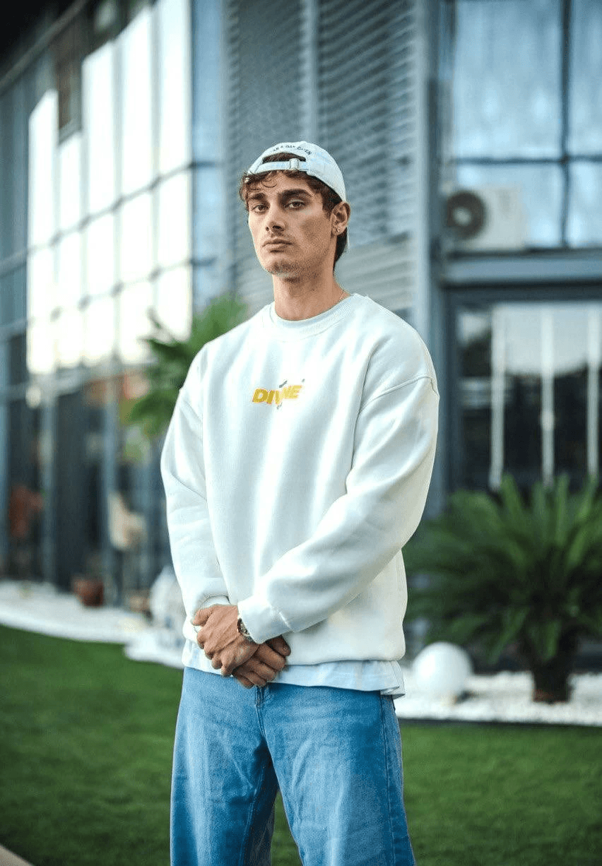 Erkek 3 iplik pamuklu Kışlık Bisiklet Yaka Baskılı SweatShirt - Beyaz — görsel 1 / 2
