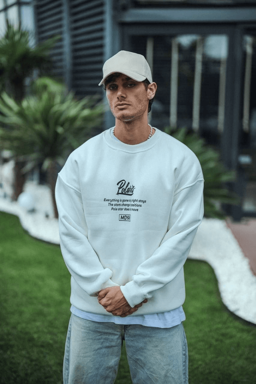 Erkek 3 iplik pamuklu Bisiklet Yaka Ön Ve Arka Baskılı SweatShirt - Beyaz — görsel 1 / 4