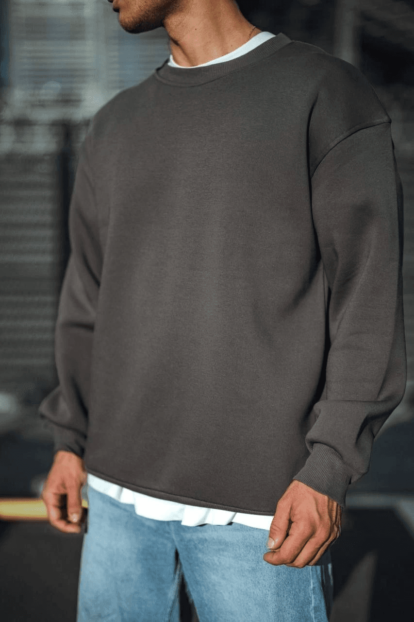 Erkek Bisiklet Yaka 3 iplik Pamuklu Basic SweatShirt - Antrasit — görsel 1 / 3