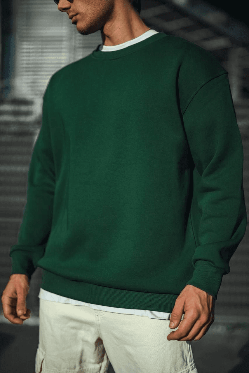Erkek Bisiklet Yaka 3 İplik Pamuklu Basic SweatShirt - Haki