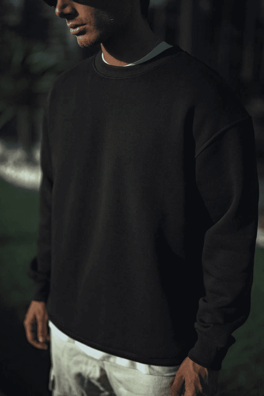 Erkek pamuklu Bisiklet Yaka 3 İplik Basic SweatShirt - Siyah — görsel 1 / 3
