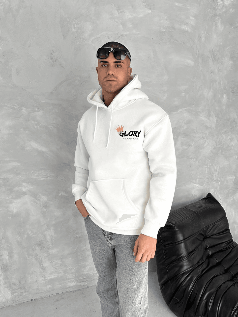 Erkek Kapüşonlu Kanguru Cepli Sweatshirt 3 İplik Pamuklu Baskılı Hoodie - Beyaz