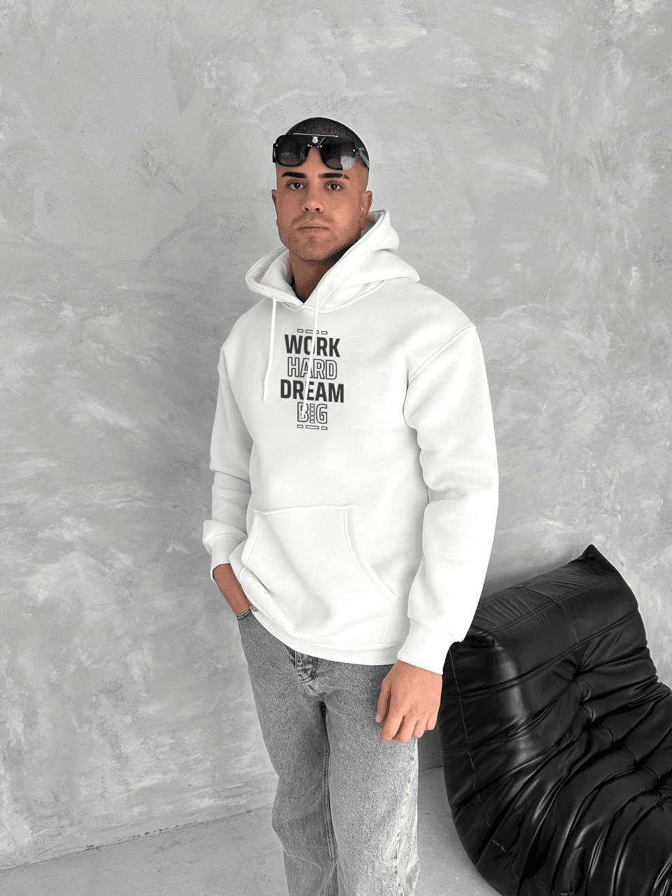 Erkek Kapüşonlu Kanguru Cepli Sweatshirt 3 İplik Pamuklu Baskılı Hoodie - Beyaz