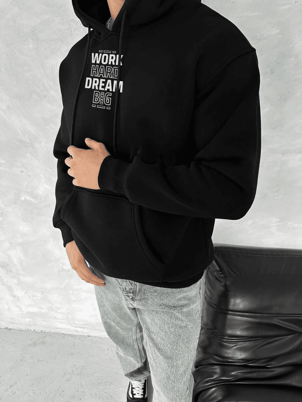 Erkek Kapüşonlu Kanguru Cepli Sweatshirt 3 İplik Pamuklu Baskılı Hoodie - Siyah