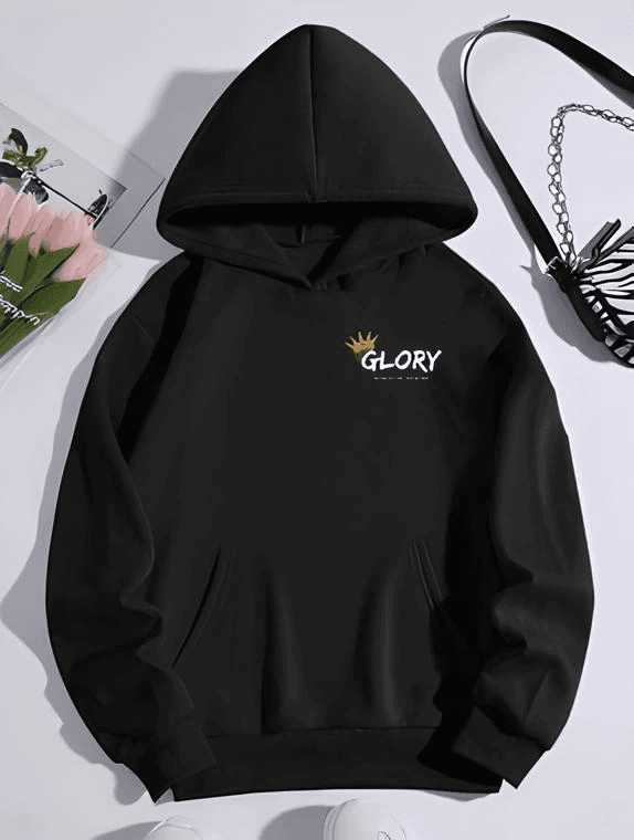 Kadın Oversize Kapüşonlu Kanguru Cepli Baskılı 3 İplik Pamuklu Sweatshirt Hoodie - Siyah