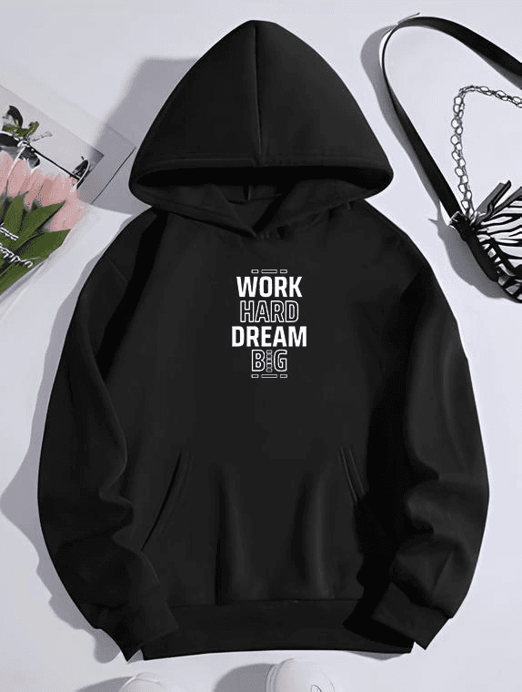 Kadın Oversize Kapüşonlu Cepli Baskılı 3 İplik Pamuklu Hoodie Sweatshirt - Siyah