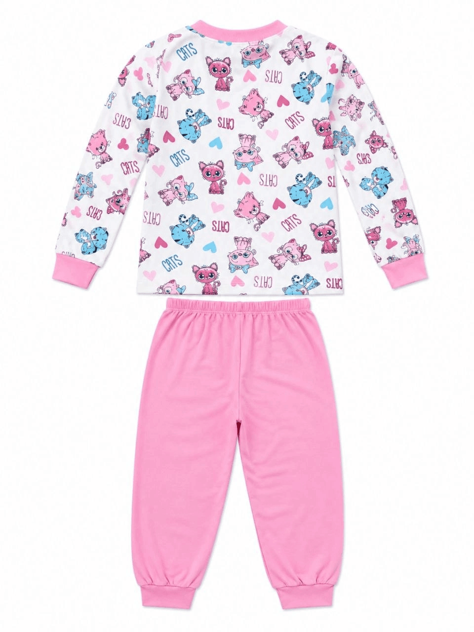 Kız Çocuk Premium Penye Kedi Desenli Uzun Kollu Pijama Takımı 2-11 Yaş - Pembe