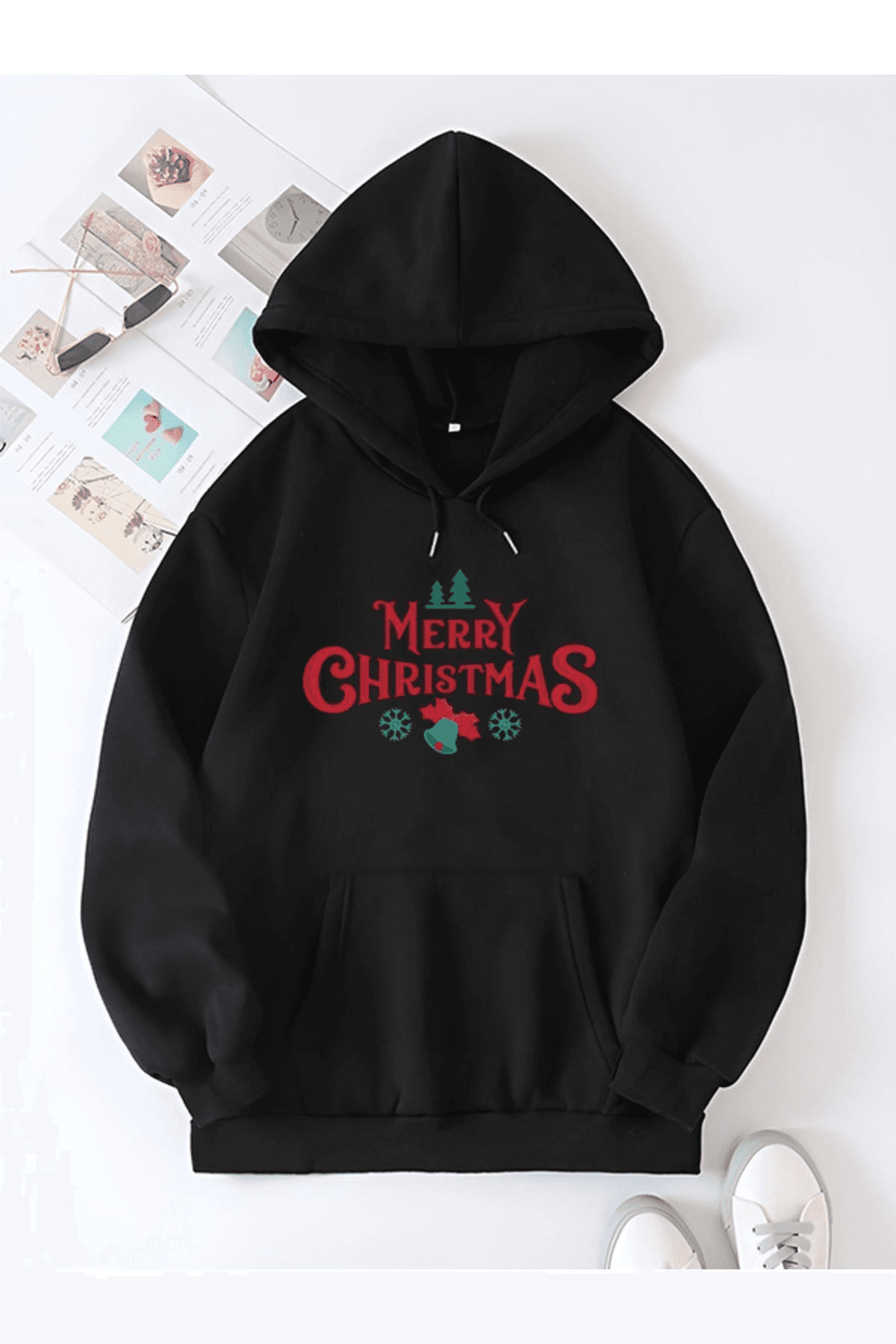 Yılbaşı Merry Christmas Baskılı Oversize Kapüşonlu Sweatshirt Hoodie - Siyah — görsel 1 / 2