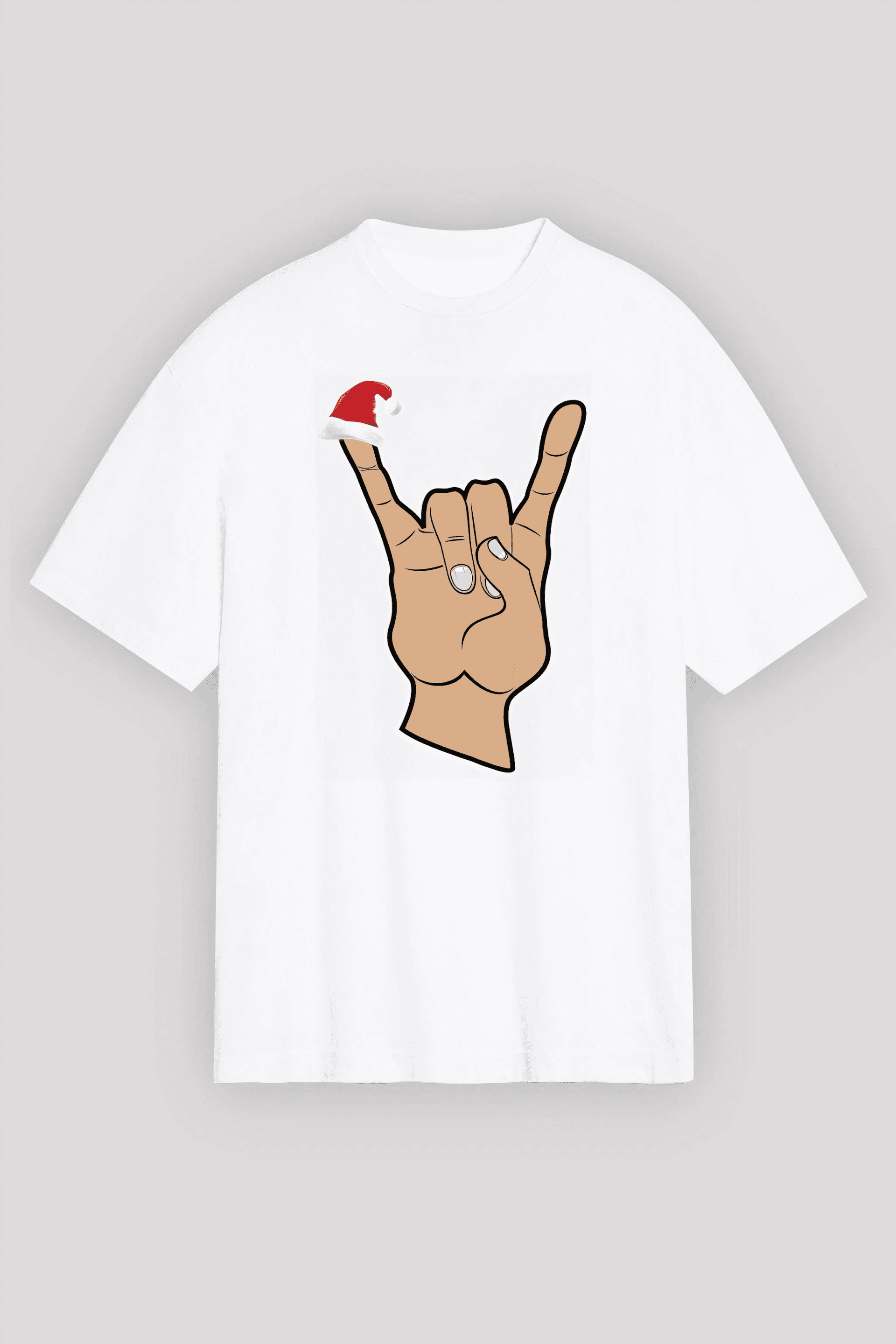 Yılbaşı Noel Başlıklı Serçe Parmak Baskılı Oversize Bisiklet Yaka T-shirt - Beyaz