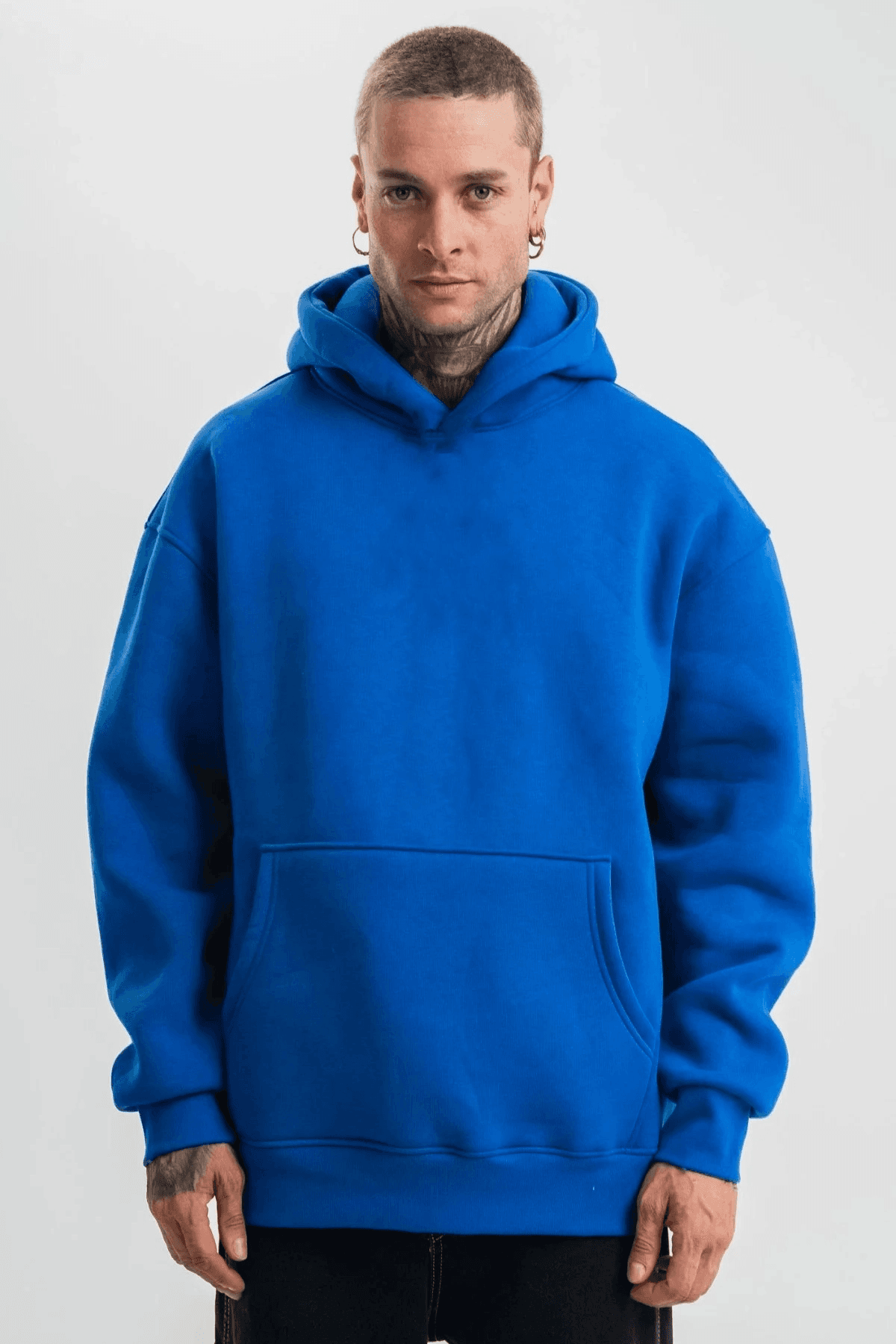 Erkek Oversize 3 İplik Pamuklu Kapüşonlu Kanguru Cepli Hoodie Sweatshirt - Saks Mavisi — görsel 1 / 2