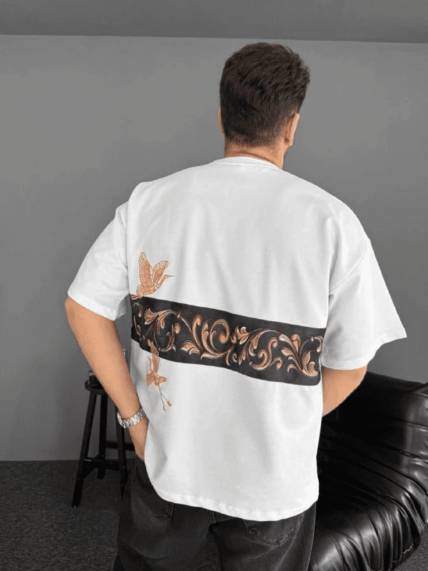 Erkek T-Shirt Ön ve Arka Baskılı Oversize Bisiklet Yaka tişort - Beyaz — görsel 1 / 2