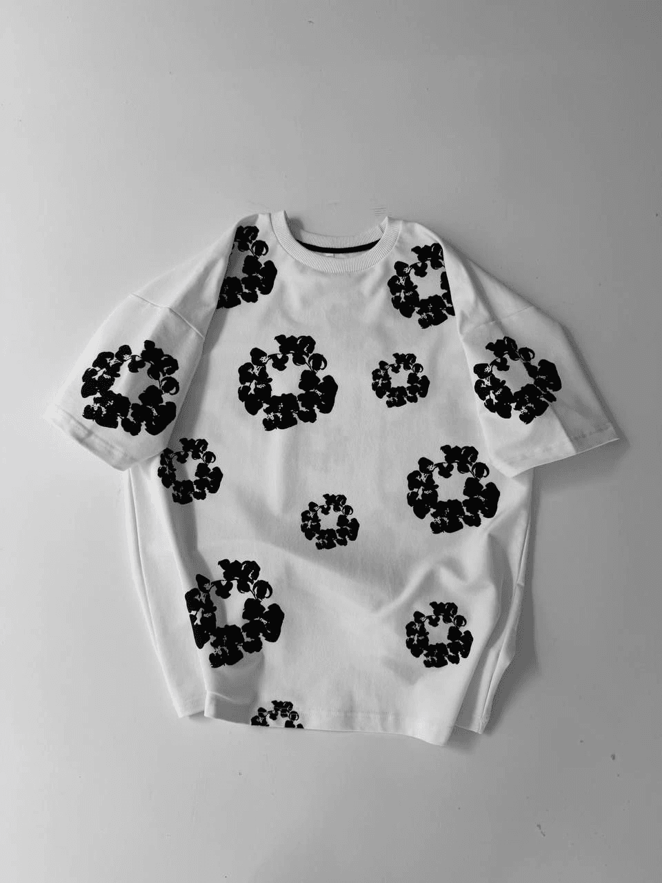Erkek Tişört Ön ve Arka Baskılı Oversize Bisiklet Yaka T-shirt- Beyaz