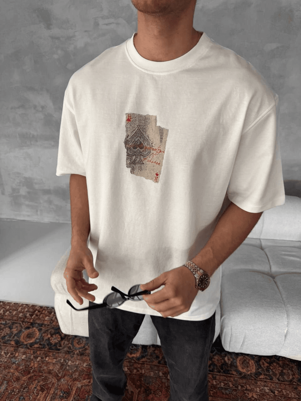 ERKEK Tişört Kısa kol Ön ve Arka Baskılı Oversize Bisiklet Yaka T-Shirt - Beyaz — görsel 1 / 5
