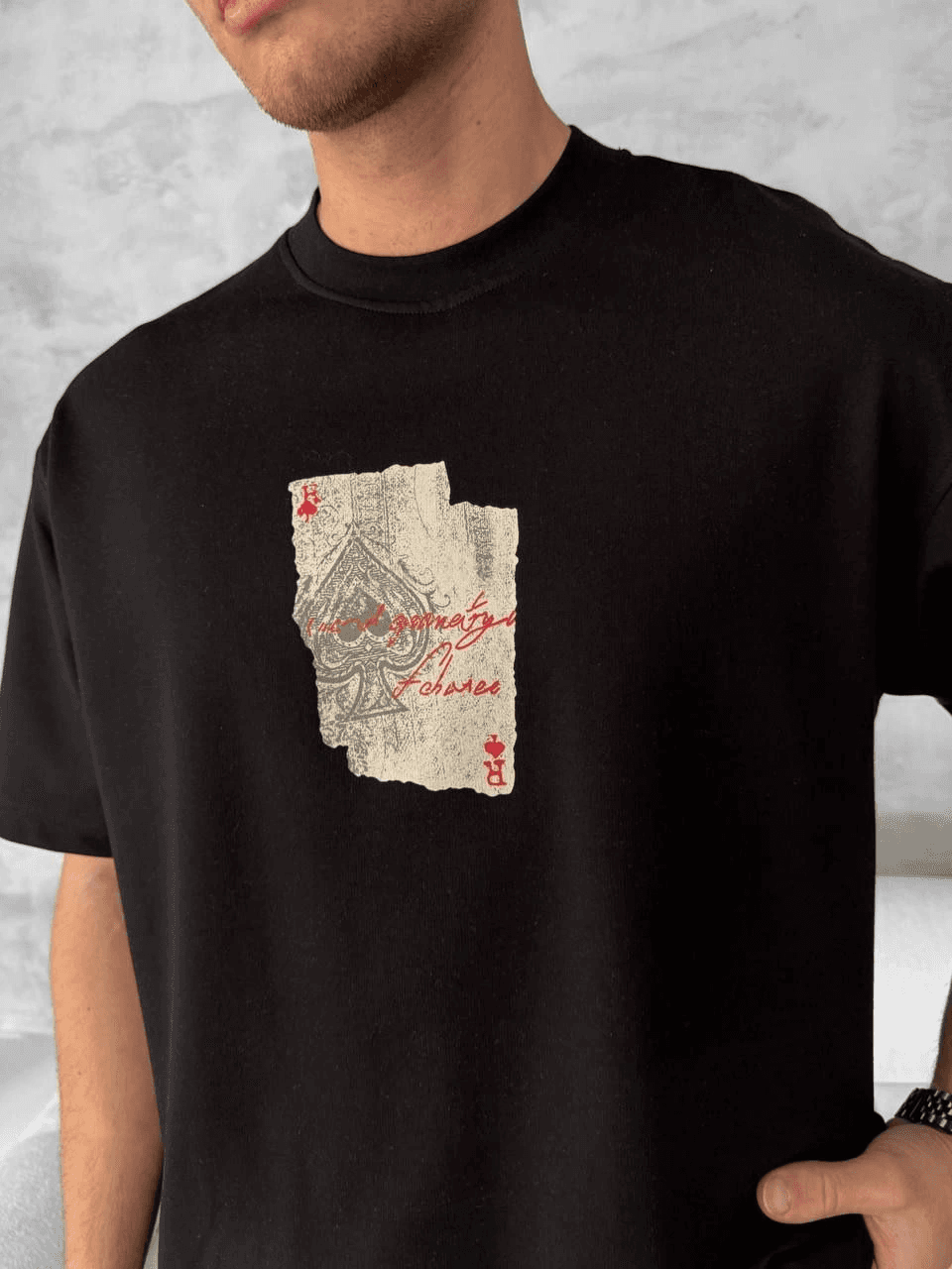 ERKEK Tişört Kısa Kol Ön ve Arka Baskılı Oversize Bisiklet Yaka T-shirt - Siyah — görsel 1 / 5
