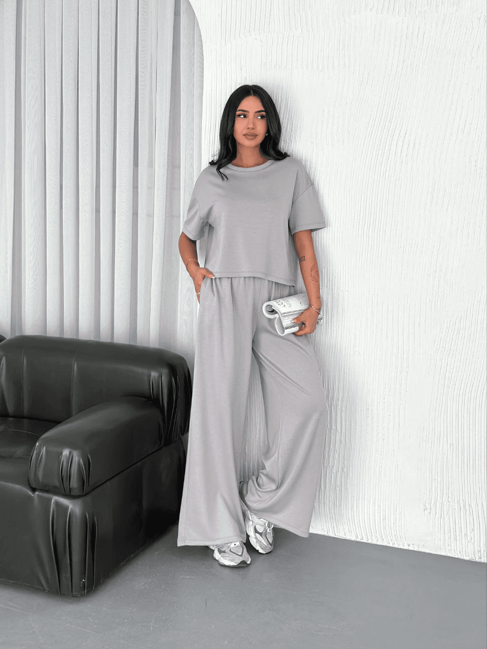 Kadın Osy Modal Yumuşak Kumaş Bisiklet Yaka T-shirt Bol paça Pantolon ikili Takım - Boyalı Gri