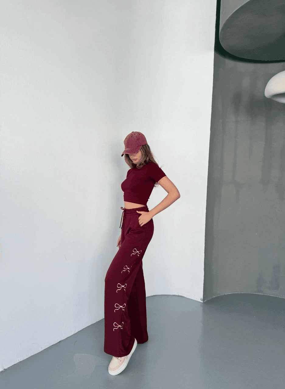 Kadın Osy Modal Yumuşak Dokulu Kumaş Nakış işlemeli Rahat Bol Paça Eşofman Pantolon - Bordo