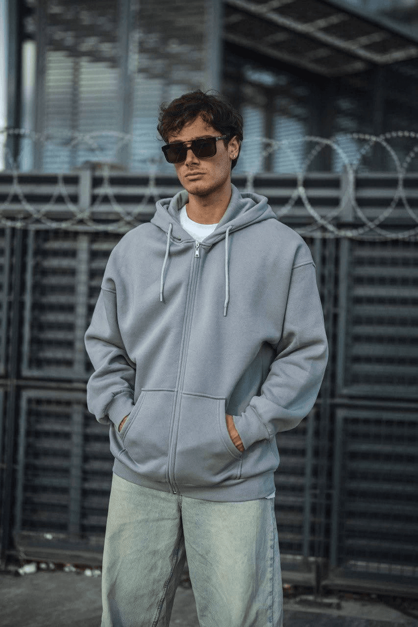 Erkek Tam Fermuarlı Cepli Kapüşonlu 3 iplik pamuklu hoodie Sweatshirt - Gri