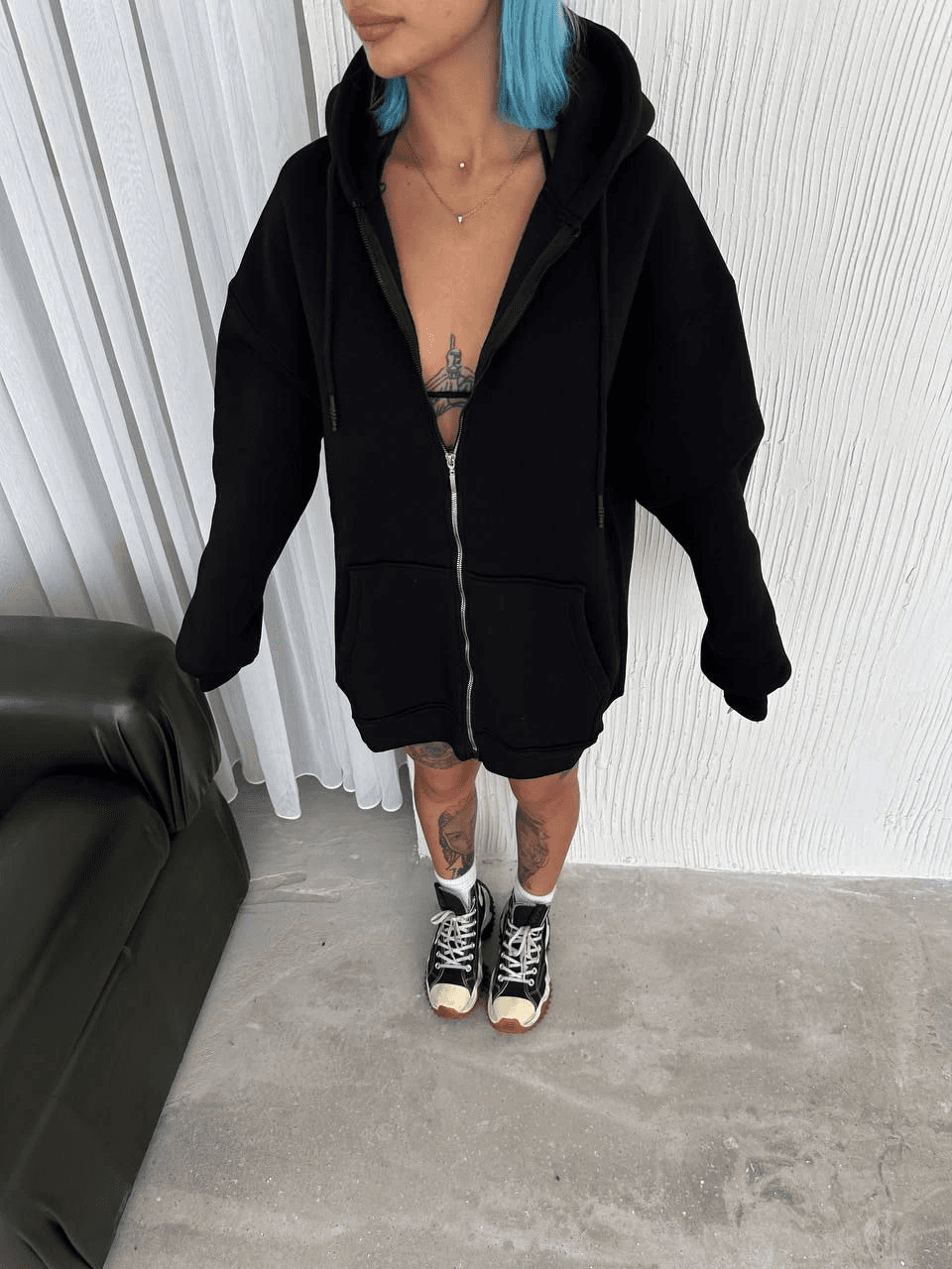 Kadın Tam Fermuarlı Cepli Kapüşonlu 3 iplik pamuklu hoodie Sweatshirt - Siyah