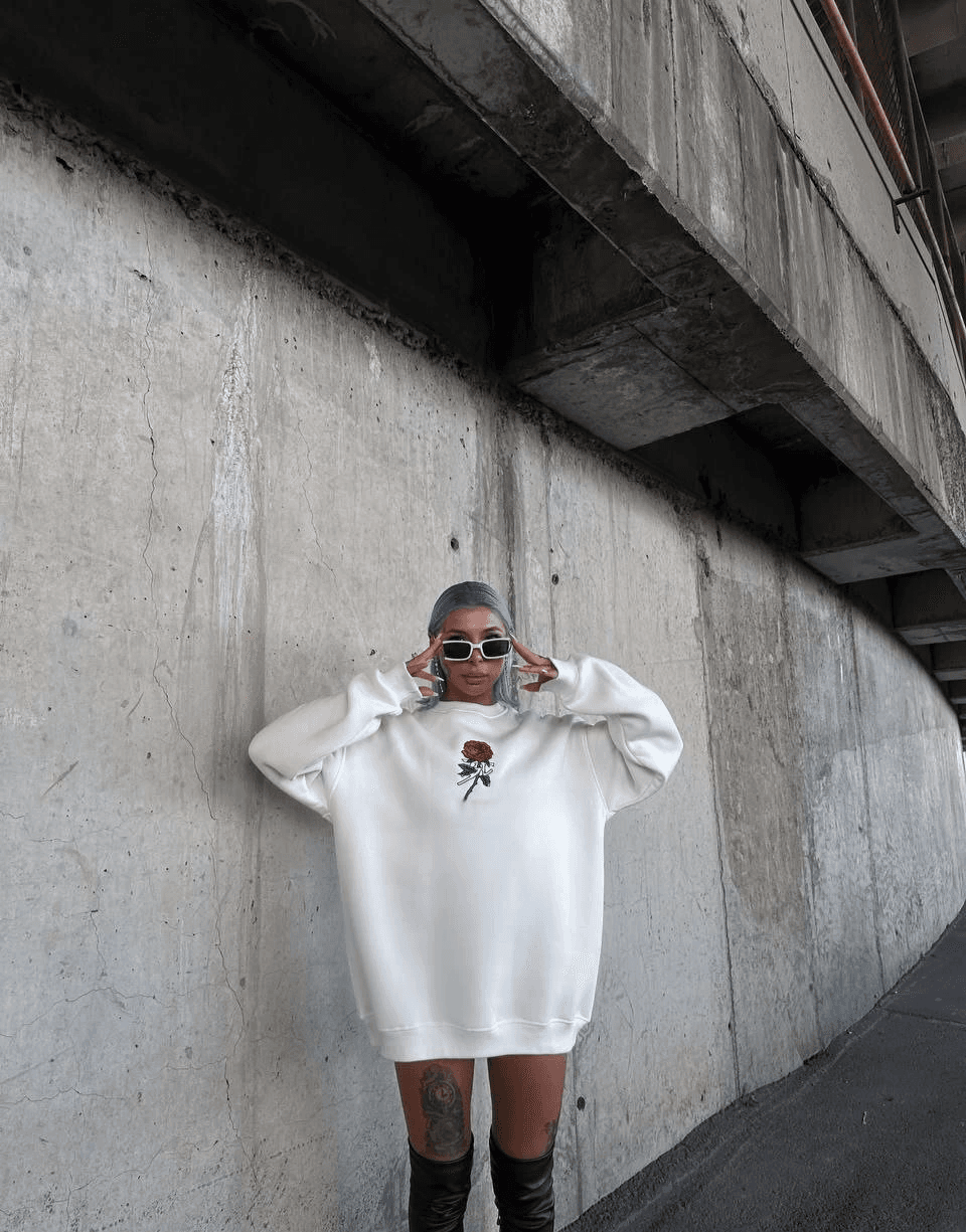 Kadın 3 iplik Pamuklu Bisiklet Yaka GÜL Baskılı SweatShirt - BeyazBeyaz