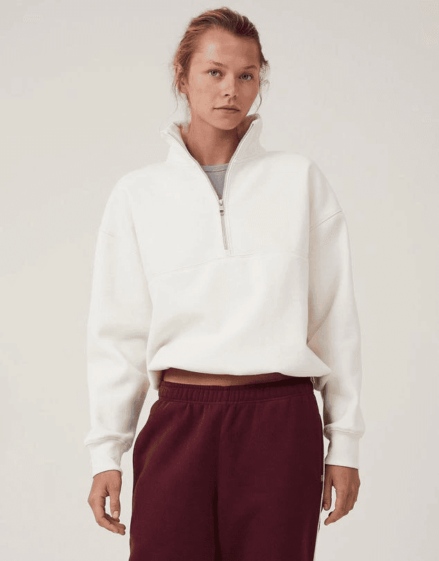 Kadın 3 İplik Pamuklu Oversize Yarım Fermuarlı Yakalı Basic Sweatshirt - Beyaz