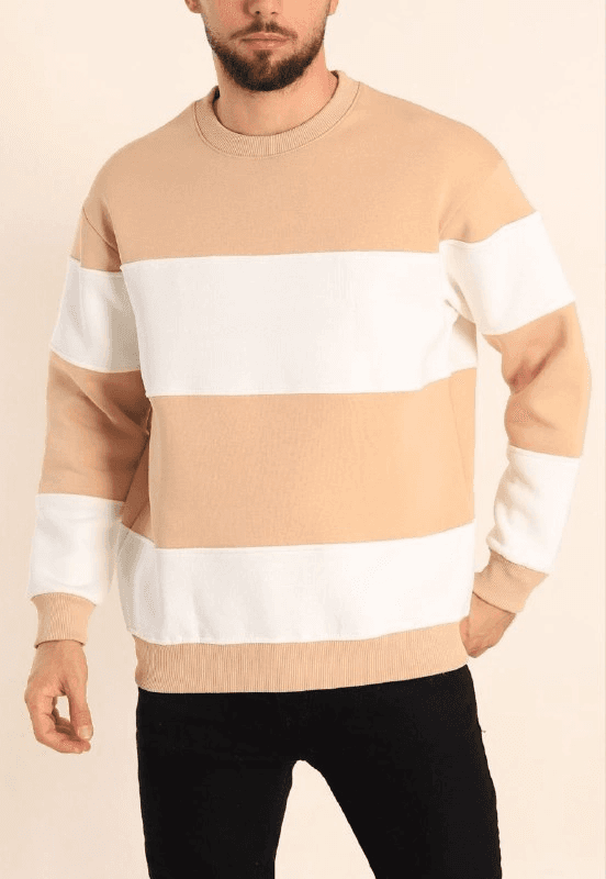 Erkek 3 iplik pamuklu Parçalı Bisiklet Yaka SweatShirt - Bej — görsel 1 / 2